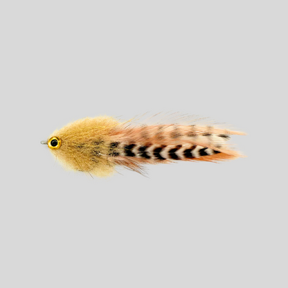 Fish-Skull Mini Brush Fly | 3.5" | #2 Hook | Living Eyes | Water-Pushing Rounded Head | Saddle Hackle | Red & Black, Tan & Chartreuse | Flymen Fishing Company