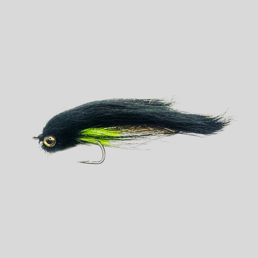 Fish-Skull Weasel Bass Fly | South African Muishond Pattern | Deer Hair & Rabbit Fur Zonker | Dumbbell Eye | Weed Guard | Chartreuse Hot Spot | 3" | #4 Hook | Largemouth Bass | Flymen