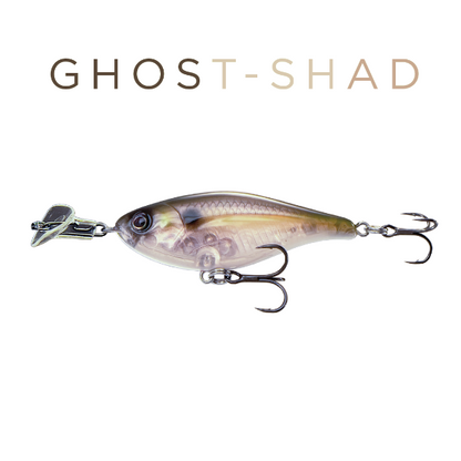 Fishing lure with 'Ghost-Shad' branding on a white background