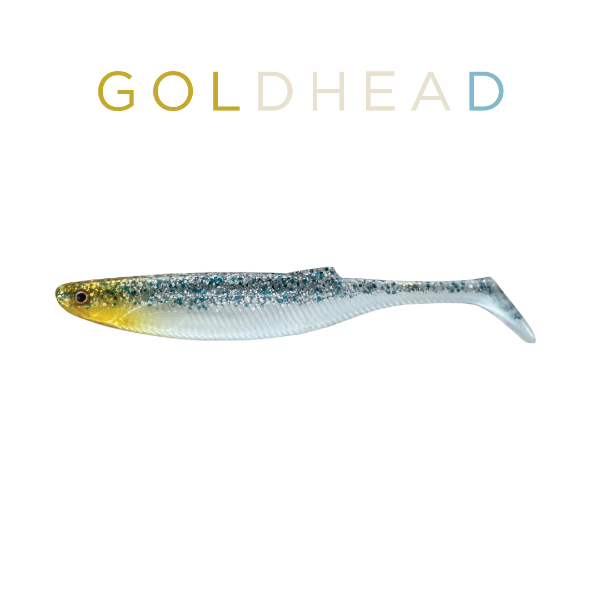 Fishing lure with 'Goldhead' branding on a white background
