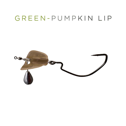 Fishing lure with 'Green Pumpkin Lip' text on a white background