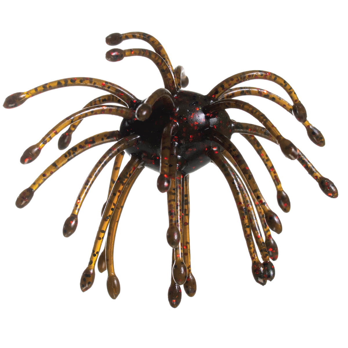 A fishing lure with a glossy black central body and multiple translucent brown legs speckled with red, shown on a plain white background.