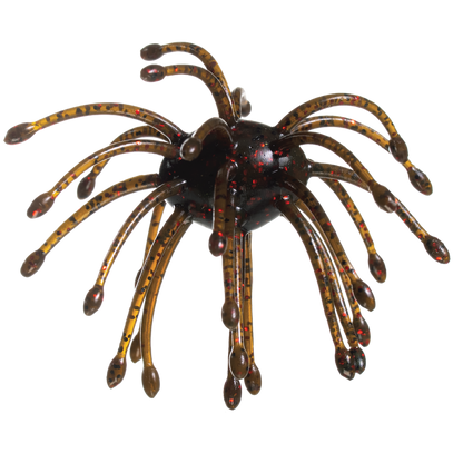 A fishing lure with a glossy black central body and multiple translucent brown legs speckled with red, shown on a plain white background.