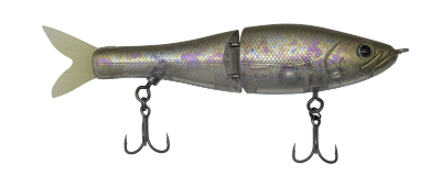 Fishing lure with metallic finish on a white background