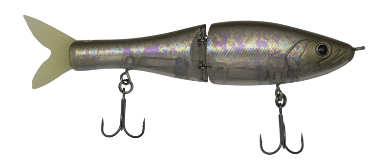 Fishing lure with metallic finish and treble hooks on a white background