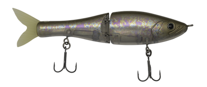 Fishing lure with metallic finish and treble hooks on a white background