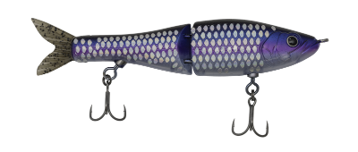 A jointed fishing lure shaped like a small fish, featuring a purple and silver scale pattern with a dark tail, shown against a plain white background.
