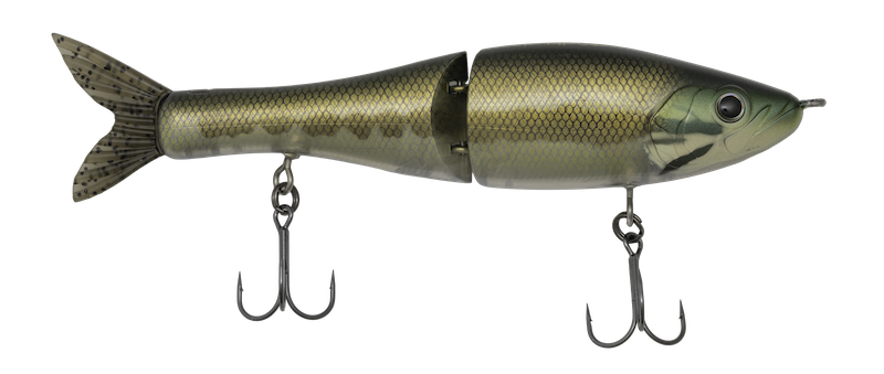 Fishing lure resembling a fish with treble hooks on a white background