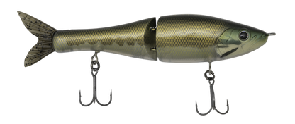 Fishing lure resembling a fish with treble hooks on a white background