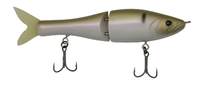 Fishing lure shaped like a fish with treble hooks on a white background