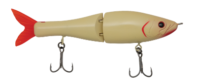 Beige and red fishing lure with two hooks on a white background