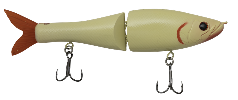 A jointed fishing lure shaped like a small fish, with a cream-colored body, reddish-orange tail and mouth details, and two treble hooks attached.