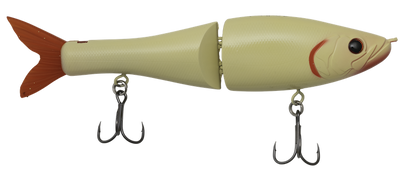 A jointed fishing lure shaped like a small fish, with a cream-colored body, reddish-orange tail and mouth details, and two treble hooks attached.