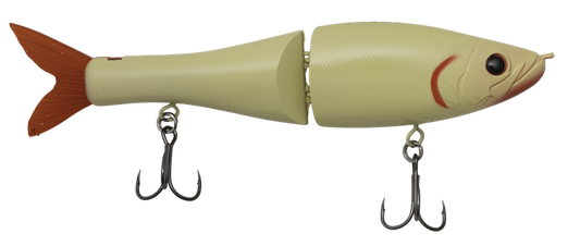 A jointed fishing lure shaped like a small fish, with a cream-colored body, reddish-orange tail and mouth details, and two treble hooks attached.