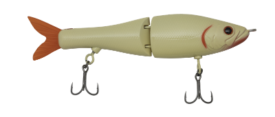 Fishing lure shaped like a fish with hooks on a white background
