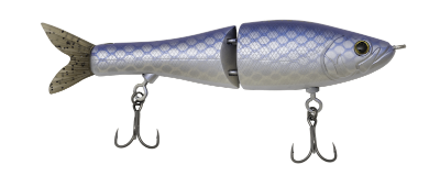Fishing lure shaped like a fish with a white and blue color pattern on a white background