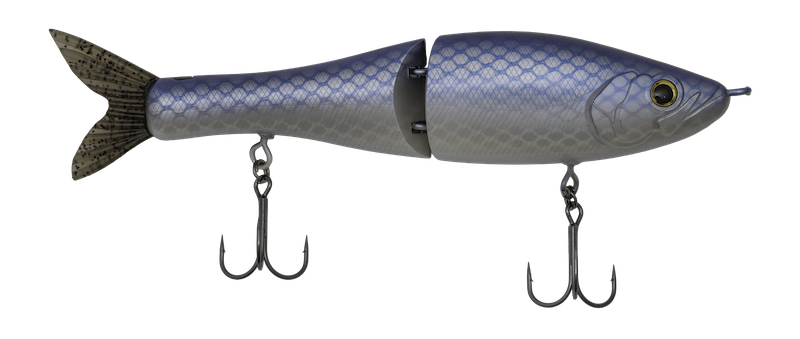 Fishing lure shaped like a fish with treble hooks on a white background