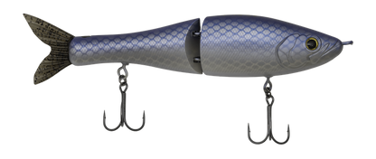 Fishing lure shaped like a fish with treble hooks on a white background