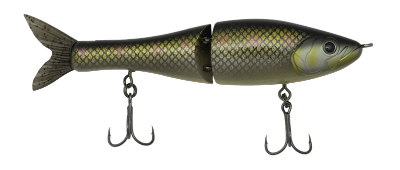 A jointed fishing lure shaped like a small fish, with a dark olive-green and black scaled body, a yellow-green face, and two treble hooks below.
