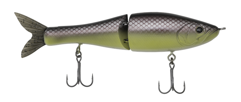 Fishing lure resembling a fish with two hooks on a white background
