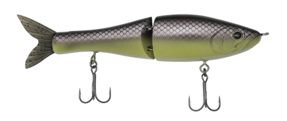 Fishing lure resembling a fish with two hooks on a white background