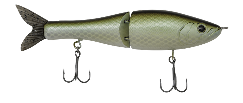Fishing lure resembling a fish with treble hooks on a white background