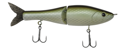 Fishing lure resembling a fish with treble hooks on a white background