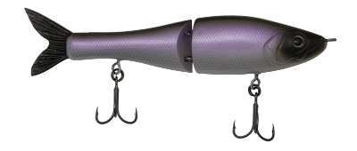 Purple fishing lure with two hooks on a white background