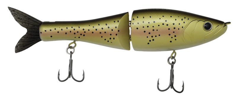 Fishing lure resembling a fish with treble hooks on a white background