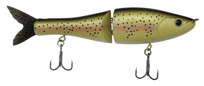 Fishing lure resembling a fish with treble hooks on a white background