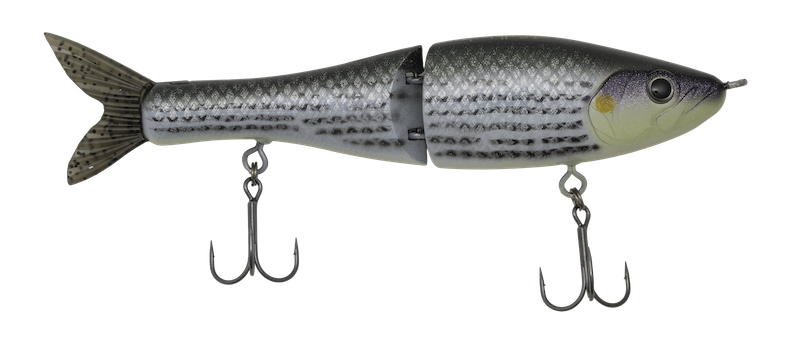 Fishing lure shaped like a fish with treble hooks on a white background