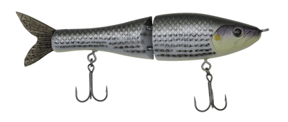 Fishing lure shaped like a fish with treble hooks on a white background