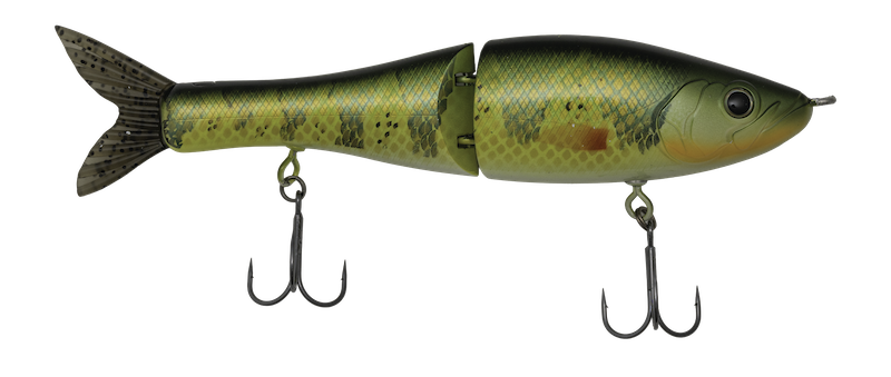 Fishing lure resembling a fish with treble hooks on a white background