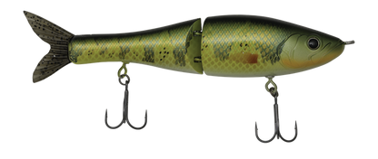 Fishing lure resembling a fish with treble hooks on a white background