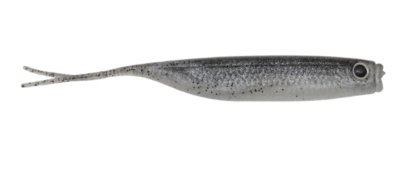 Gray and black speckled fishing lure on a white background