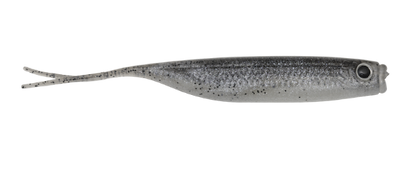 Gray and black speckled fishing lure on a white background