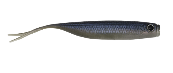 Fishing lure with a blue and silver body on a white background