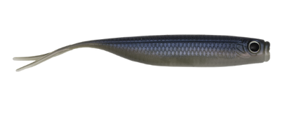 Fishing lure with a blue and silver body on a white background
