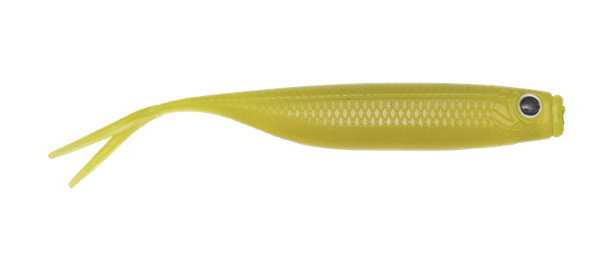 Yellow fishing lure with a black eye on a white background