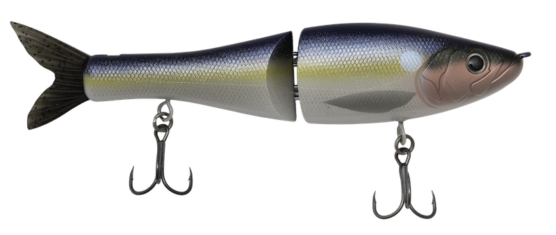 Fishing lure resembling a fish with hooks on a white background