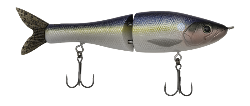A jointed fishing lure shaped like a small fish, with a metallic silver and blue body, dark tail, and two treble hooks below, shown on a plain white background.