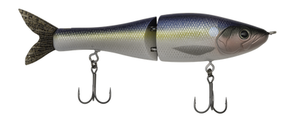 A jointed fishing lure shaped like a small fish, with a metallic silver and blue body, dark tail, and two treble hooks below, shown on a plain white background.