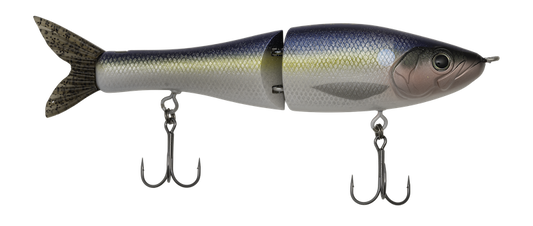 A jointed fishing lure shaped like a small fish, with a metallic silver and blue body, dark tail, and two treble hooks below, shown on a plain white background.