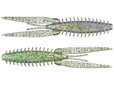 Two green and silver fishing lures on a white background