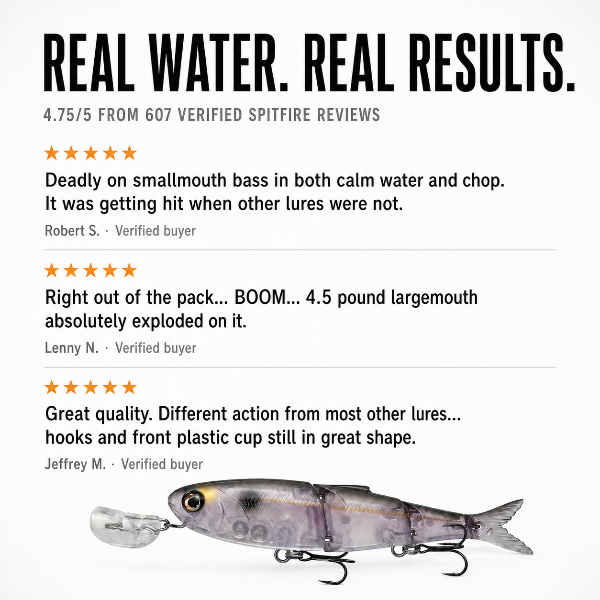 Promotional graphic for a fishing lure showing the text 'REAL WATER. REAL RESULTS.