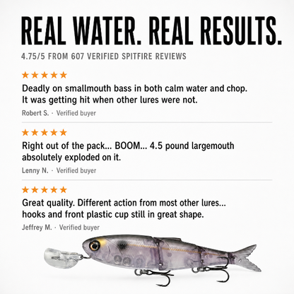 Promotional graphic for a fishing lure showing the text 'REAL WATER. REAL RESULTS.