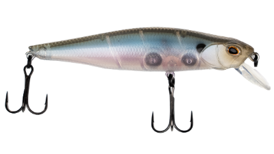 Fishing lure with a detailed body and treble hooks on a white background