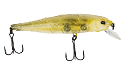 Yellow fishing lure with black hooks on a white background