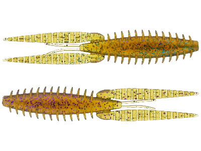 Three fishing lures with a segmented body design on a white background