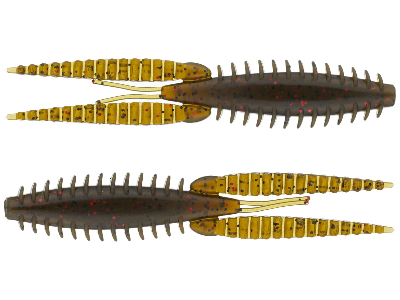 Two fishing lures with segmented bodies on a white background